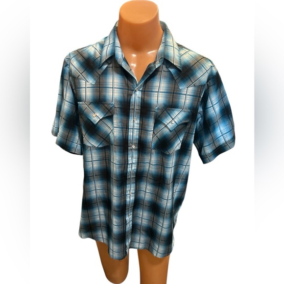 Ely Cattleman Men’s Button Front Shirt Size XL Pearl Snap Blue & Black Plaid SS. - Picture 1 of 10